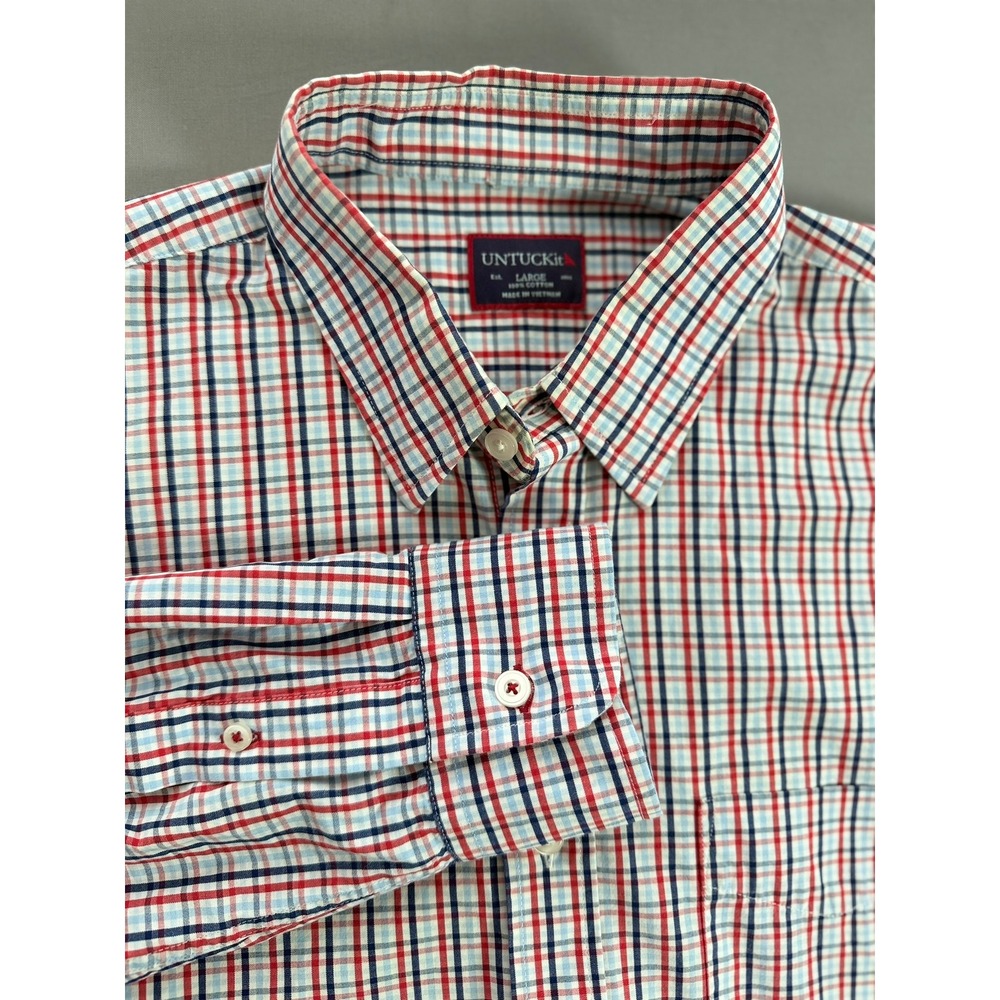 UNTUCKit Mens Large Red White Blue Plaid Cotton Button Down Shirt Long Sleeve